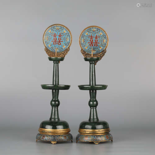 Cloisonne enamel and jasper candle holder,Qianlong