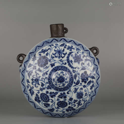 Blue and white flower holding moon vase, Ming