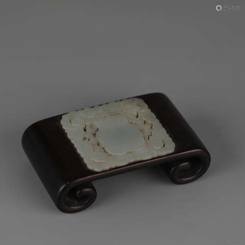 Chinese red sandalwood inlaid with white jade scroll, Qing D...