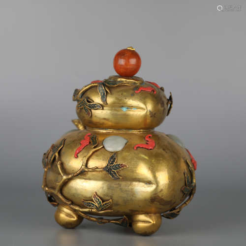 Chinese gilt bronze peach-shaped censer ornament, 18th