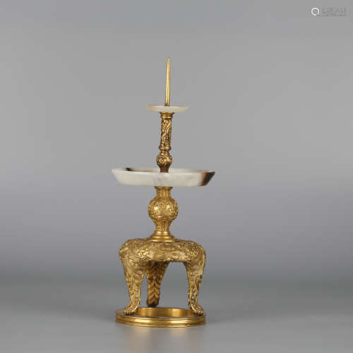 Chinese bronze and jade candlestick