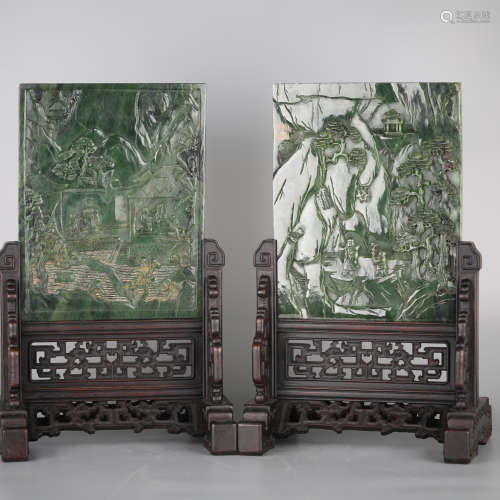 A pair of Chinese jasper carved screens