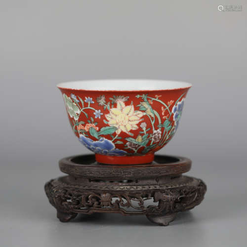 Coral red ground multicolored flower bowl, Kangxi