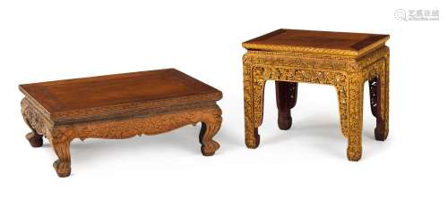 TWO FINELY CARVED GOLD-DECORATED SMALL TABLES