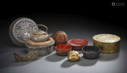 A GROUP OF LACQUER WORKS AND A ZISHA TEAPOT AND COVER