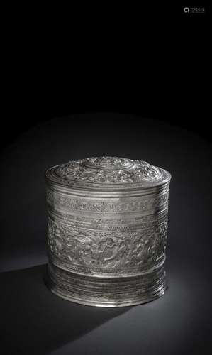 A LARGE SILVER BETEL BOX WITH INSET TRAY AND FIVE SMALLER BO...