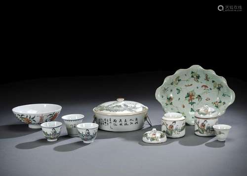 A GROUP OF TEN PORCELAINS WITH TWO BOXES AND COVERS WITH WIN...