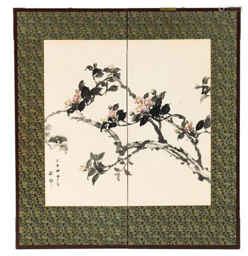 A TWO-PANEL FOLDING SCREEN WITH A PAINTING OF BLOSSOMS