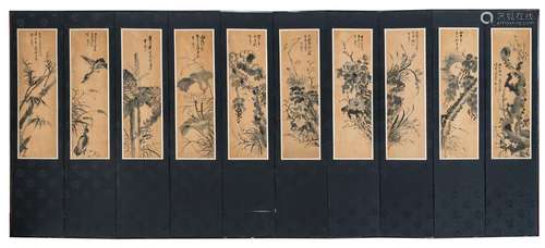 A TEN-PART FOLDING SCREEN WITH PAINTINGS OF VARIOUS BIRDS AN...