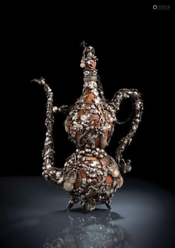 A FINE SILVER MOUNTED AND JADE DECORATED GOURD EWER