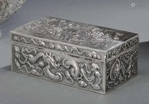 RECTANGULAR SILVER REPOUSSÉ BOX WITH DRAGON AND PEONY DECORA...