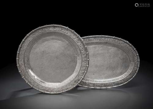 TWO EXPORT SILVER TRAYS WITH BAMBOO AND PLUM PATTERN