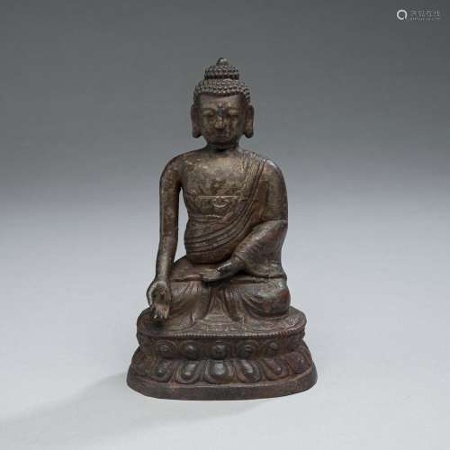 A REPOUSSÉ FIGURE OF BUDDHA ON A LOTUS WITH PARTIAL LACQUER ...