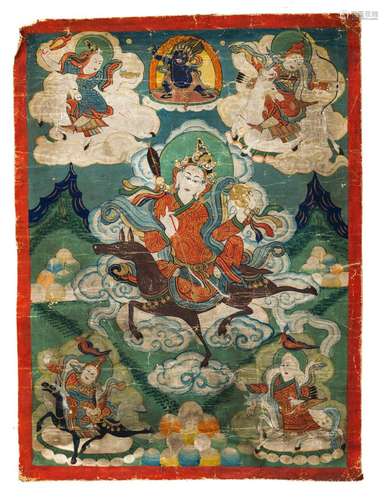 A THANGKA DEPICTING A BODHISATTVA RIDING A HORSE