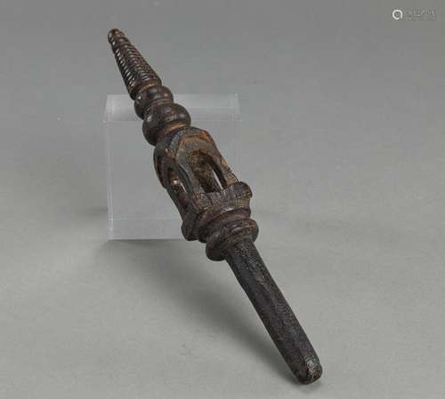 A WOODEN RITUAL STAFF WITH STUPA