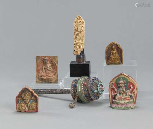 FOUR TSA-TSA, AN APRON BONE CARVING, AND A STONE-INLAID PRAY...