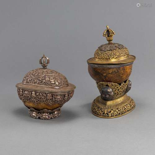 TWO MOUNTED KAPALA, PARTLY WORKED IN SILVER OR GILT-COPPER O...