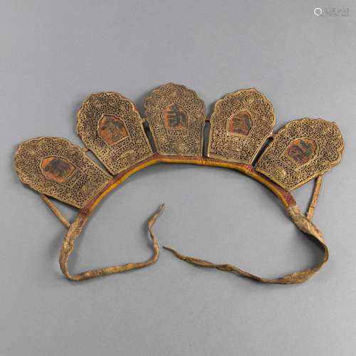 A FIVE-LEAF CROWN OF A PRIEST WITH SANSKRIT CHARACTERS AND M...
