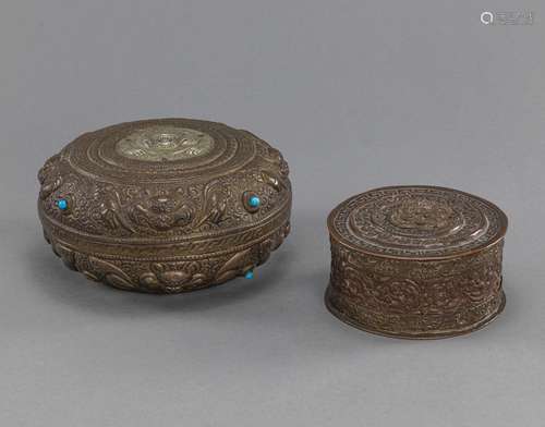 TWO METAL BOXES AND WITH COVERS DECORATED WITH ORNAMENTAL PA...