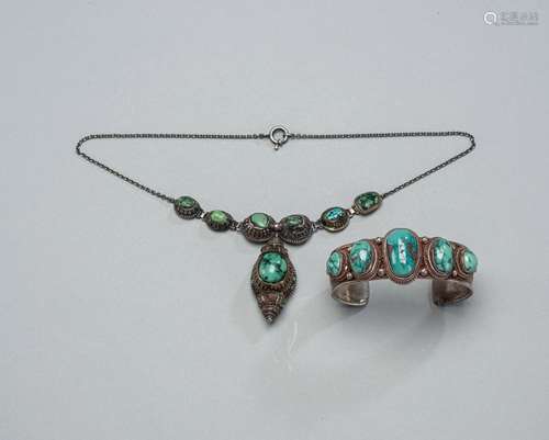 A SILVER BANGLE AND BRACELET WITH TURQUOISE INLAYS