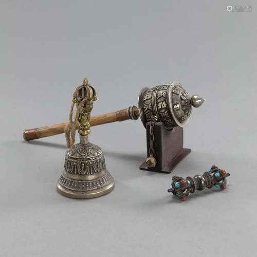 A PRAYER WHEEL, A GHANTA AND A STONE-INLAID VAJRA