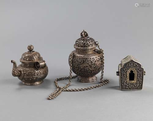 THREE LOW ALLOY SILVER RITUAL IMPLEMENTS: A CENSER W. COVER,...