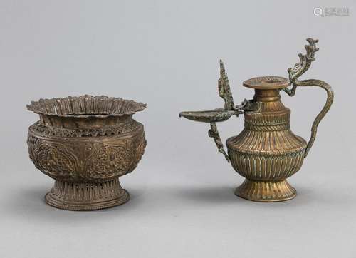 A BRASS AND BRONZE CEREMONIAL EWER ‚SUKUNDA BATTI‘ AND A BRO...