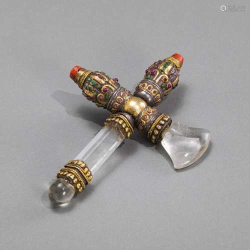 A SMALL PART-GILT ROCK CRYSTAL HATCHET WITH CORAL INLAYS