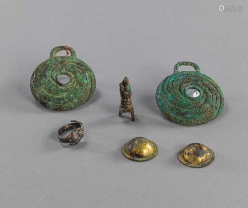 FOUR BRONZE DOOR MOUNTINGS, A MINIATURE BRONZE GUANYIN, AND ...