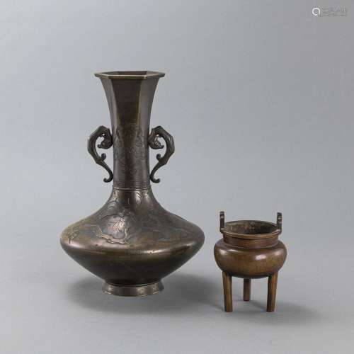 AN INLAID BRONZE CENSER AND A TWO-PART HANDLED CRANE RELIEF ...