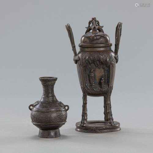 A SMALL RELIEF HANDLED BRONZE VASE AND CENSER