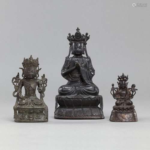 THREE BRONZE FIGURES OF GUANYIN AND A BODHISATTVA