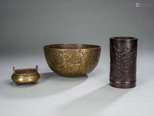 A BRONZE BOWL, A BRONZE INCENSE AND A BAMBOO BRUSH POT WITH ...