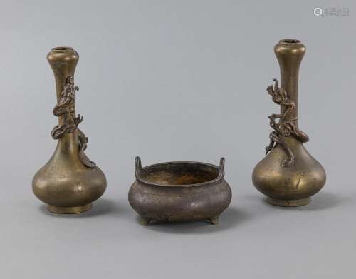 A PAIR OF BRONZE VASES AND A CENSER