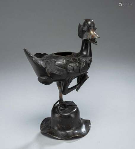 CENSER IN THE SHAPE OF A DUCK STANDING ON A LOTUS LEAF