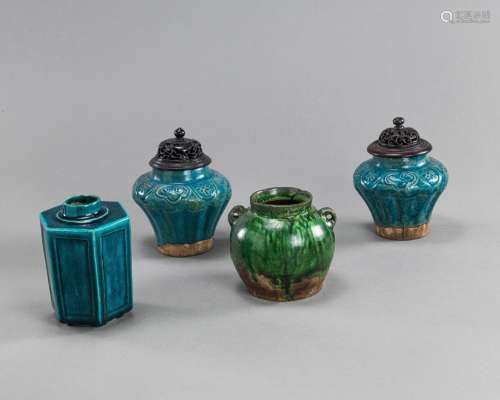 A PAIR OF TURQUOISE-GLAZED JARLETS WITH A HEXAGONAL VASE AND...