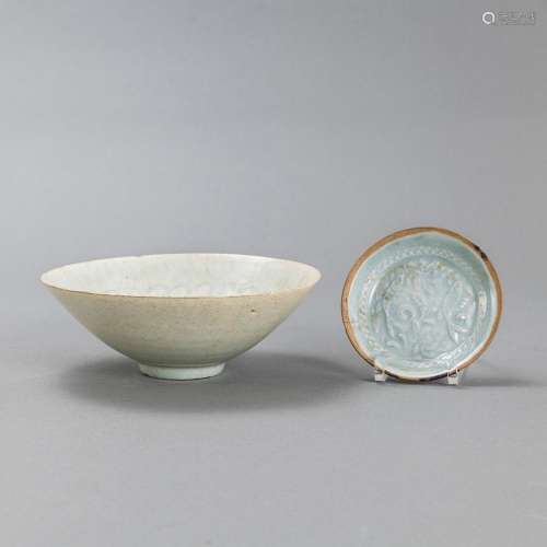 A CARVED 'QINGBAI' FLORAL BOWL AND A SMALLER FISH ...