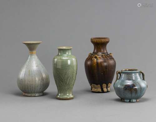 A GROUP OF THREE VASES AND A JAR OR CENSER WITH JUN GLAZE