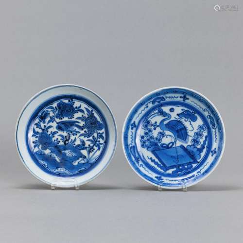 TWO BLUE AND WHITE PORCELAIN DISHES WITH CRANE AND EAGLE
