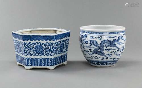 TWO BLUE AND WHITE DRAGON AND LOTUS PORCELAIN CACHEPOTS