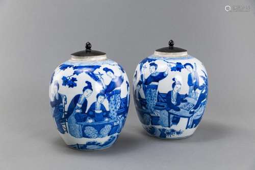 A PAIR OF BLUE AND WHITE PORCELAIN 'LADIES IN THE GARDE...