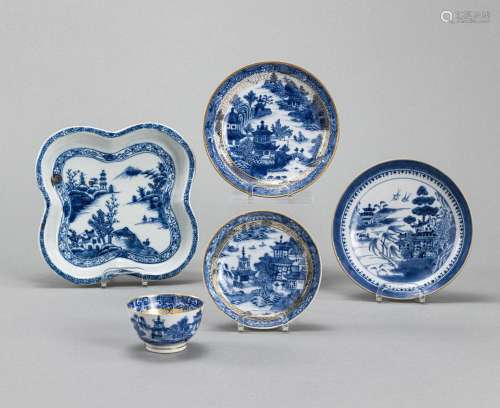 FIVE BLUE AND WHITE LANDSCAPE PLATES AND BOWL