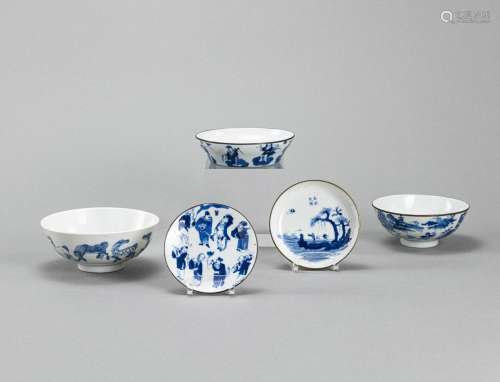 FIVE 'BLEU DE HUE' LANDSCAPE AND FIGURAL BOWLS