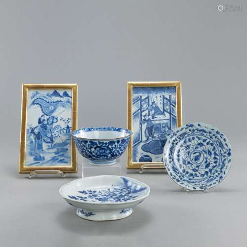 TWO SMALL BLUE AND WHITE PORCELAIN PLAQUES, TWO BOWLS, AND A...
