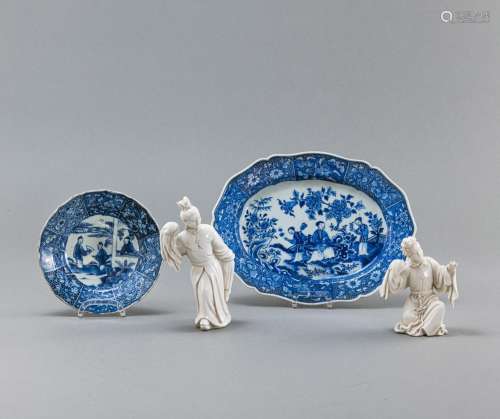 TWO BOWLS AND TWO BLANC DE CHINE FIGURES OF DANCERS