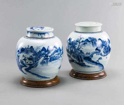 TWO BLUE AND WHITE LANDSCAPE GINGER JARS