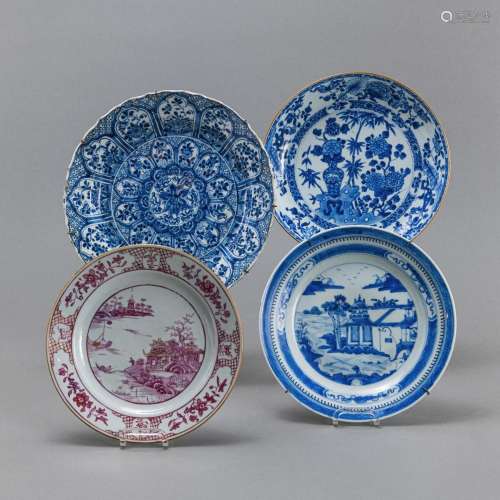 FOUR EXPORT PORCELAIN PLATES WITH LOTUS AND LANDSCAPES