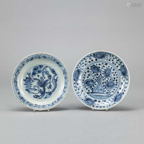 TWO SMALL BLUE AND WHITE PORCELAIN PLATES, ONE WITH FOLIATE ...