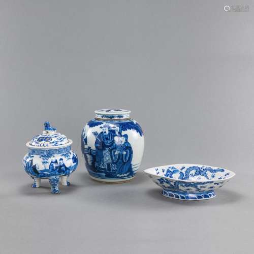 A BLUE AND WHITE GINGER JAR, TRIPOD CENSER, AND DISH