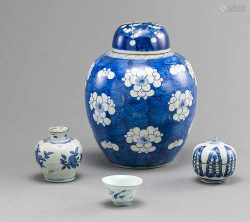A BLUE AND WHITE GINGER JAR AND COVER AND THREE BLUE AND WHI...